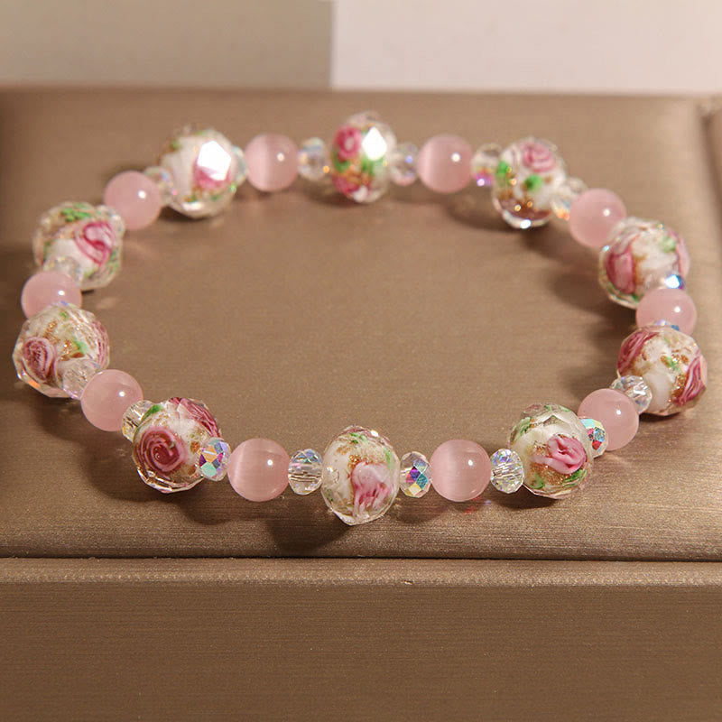 Buddha Stones Pink Crystal Liuli Glass Bead Cat's Eye Warmth Bracelet - Pink Crystal Cat's Eye(Wrist Circumference 14-16cm) - image 0
