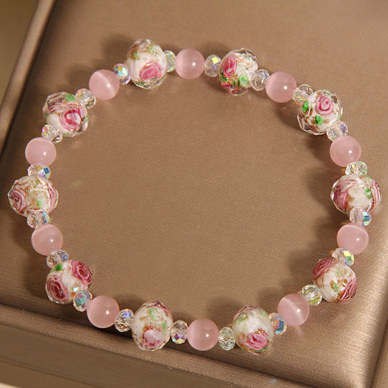 Buddha Stones Pink Crystal Liuli Glass Bead Cat's Eye Warmth Bracelet - image 1