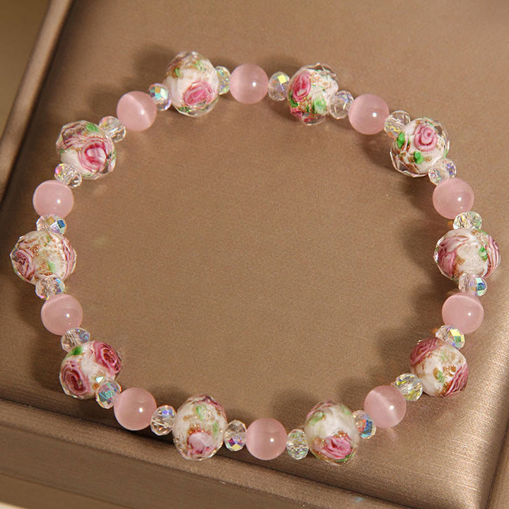 Buddha Stones Pink Crystal Liuli Glass Bead Cat's Eye Warmth Bracelet - image 1