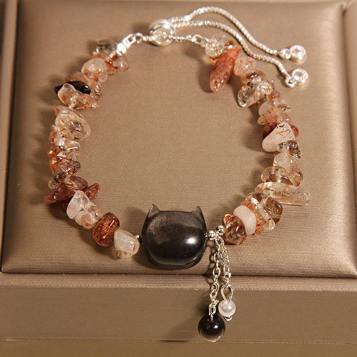 Buddha Stones Natural Pink Crystal Agate Gravel Stone Cat Head Soothing Bracelet - Agate Crystal(Wrist Circumference 14-16cm) - image 5