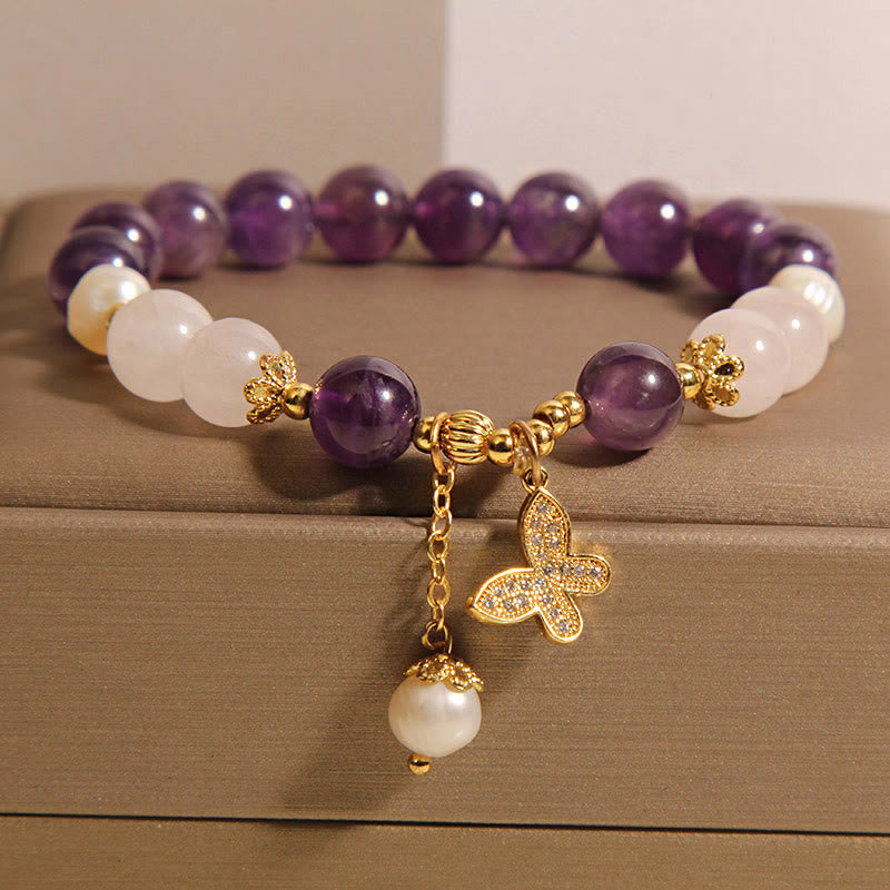 Buddha Stones Natural Amethyst Pearl Crystal Spiritual Healing Butterfly Charm Bracelet - Amethyst(Wrist Circumference 14-16cm) - image 0