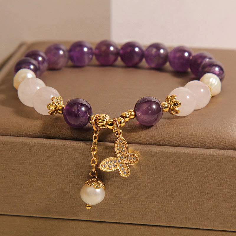 Buddha Stones Natural Amethyst Pearl Crystal Spiritual Healing Butterfly Charm Bracelet - image 5