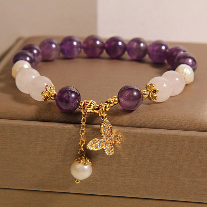 Buddha Stones Natural Amethyst Pearl Crystal Spiritual Healing Butterfly Charm Bracelet - image 5