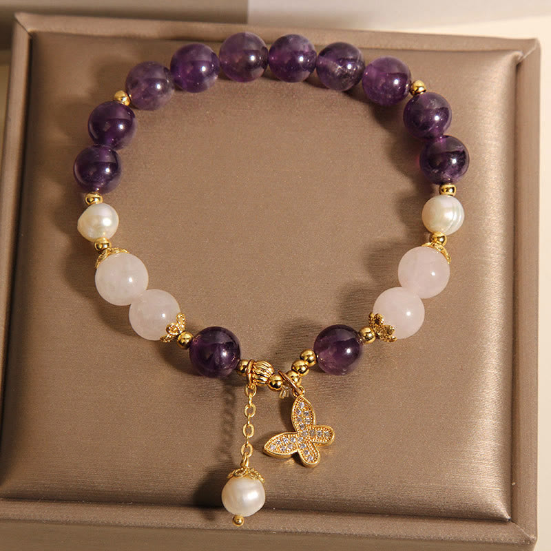 Buddha Stones Natural Amethyst Pearl Crystal Spiritual Healing Butterfly Charm Bracelet - image 1