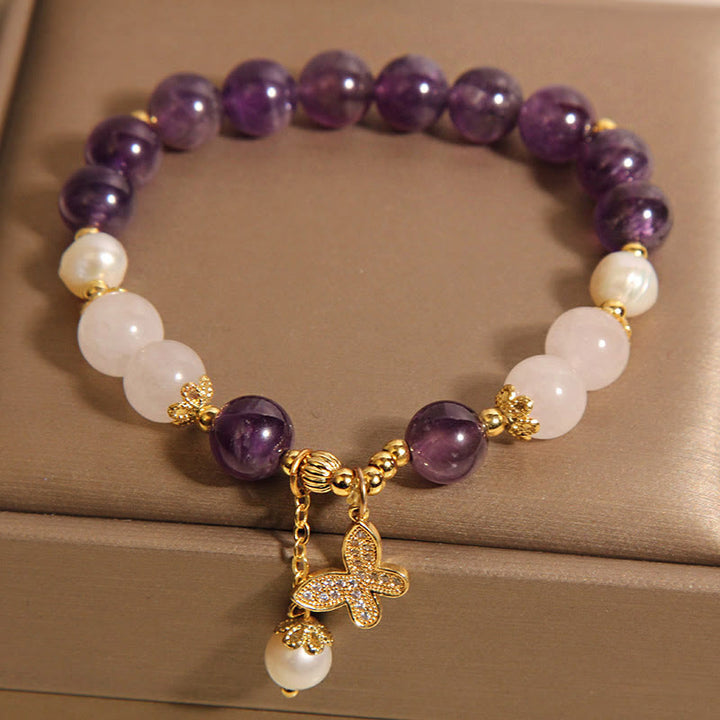 Buddha Stones Natural Amethyst Pearl Crystal Spiritual Healing Butterfly Charm Bracelet - image 3