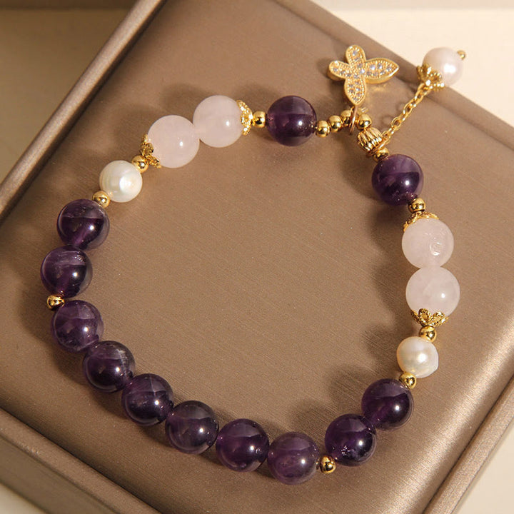 Buddha Stones Natural Amethyst Pearl Crystal Spiritual Healing Butterfly Charm Bracelet - image 2