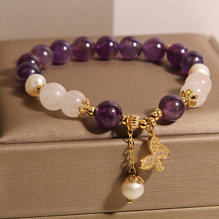Buddha Stones Natural Amethyst Pearl Crystal Spiritual Healing Butterfly Charm Bracelet - image 4