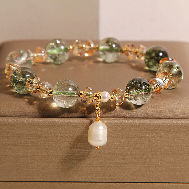 Buddha Stones Natural Green Phantom Pearl Gravel Crystal Stone Confidence Bracelet - Green Phantom(Wrist Circumference 14-16cm) - image 0