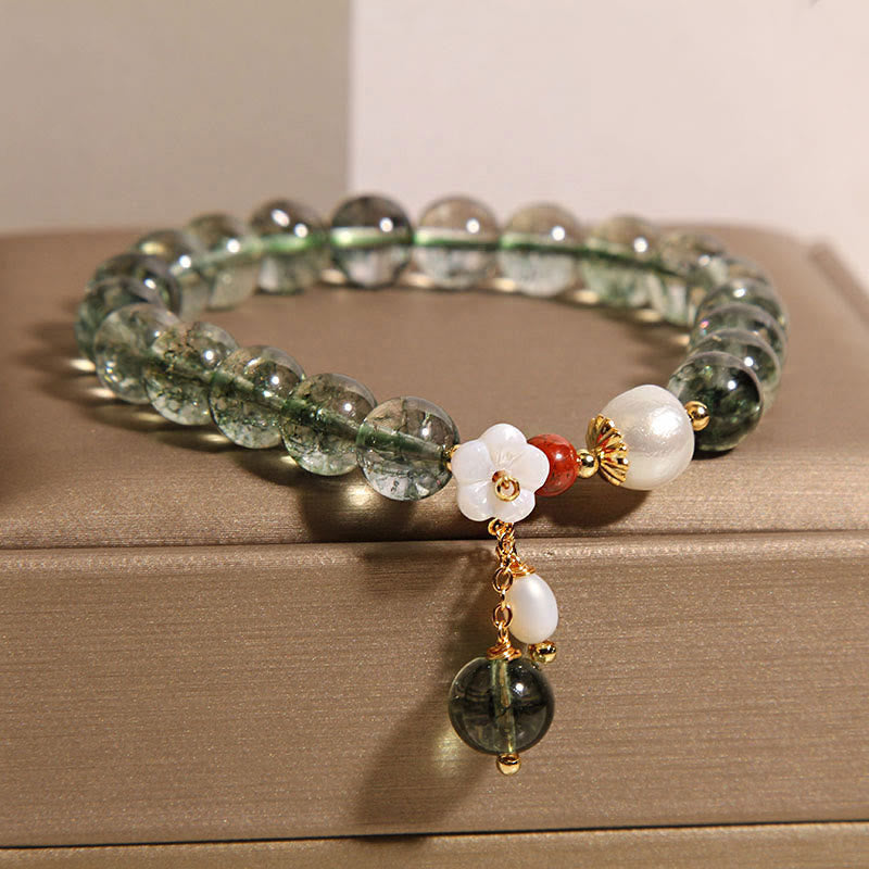 Buddha Stones Natural Green Phantom Pearl Shell Flower Positive Bracelet - image 4
