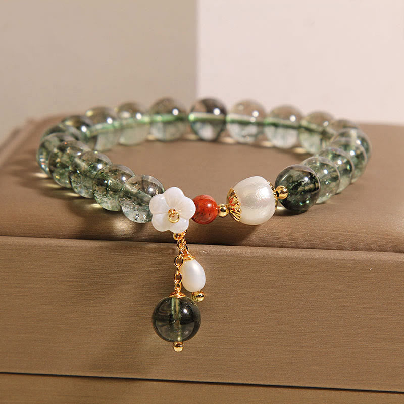 Buddha Stones Natural Green Phantom Pearl Shell Flower Positive Bracelet - image 5