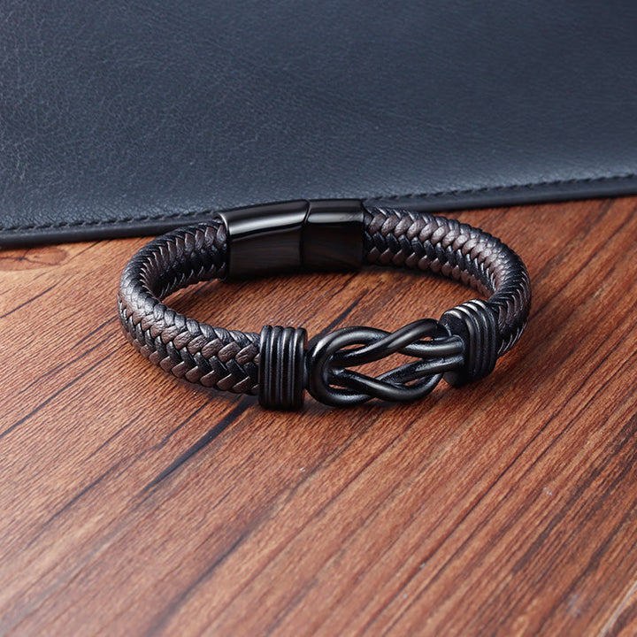 Buddha Stones Endless Knot Pattern Titanium Steel Balance Leather Buckle Bracelet - image 4