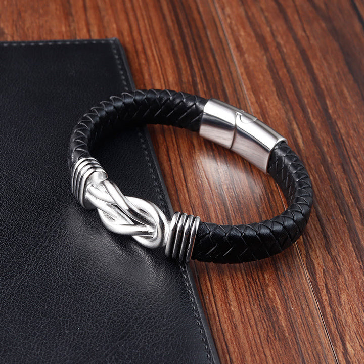 Buddha Stones Endless Knot Pattern Titanium Steel Balance Leather Buckle Bracelet - image 9