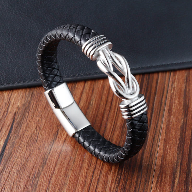 Buddha Stones Endless Knot Pattern Titanium Steel Balance Leather Buckle Bracelet - Silver(Wrist Circumference: 18-20cm) - image 8