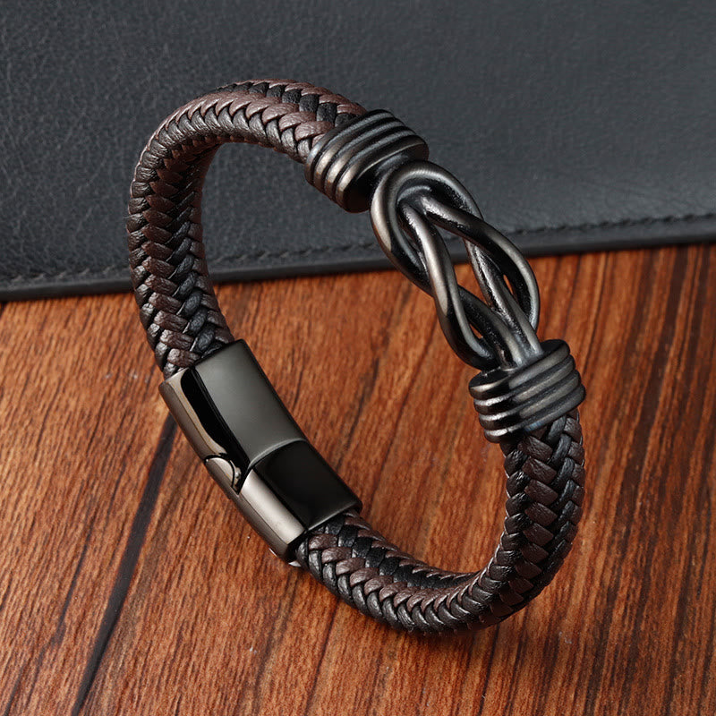 Buddha Stones Endless Knot Pattern Titanium Steel Balance Leather Buckle Bracelet - Black Brown(Wrist Circumference: 20-22cm) - image 0