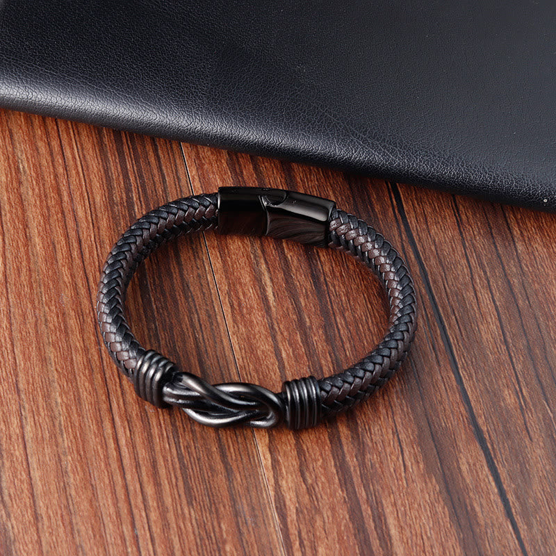 Buddha Stones Endless Knot Pattern Titanium Steel Balance Leather Buckle Bracelet - image 5