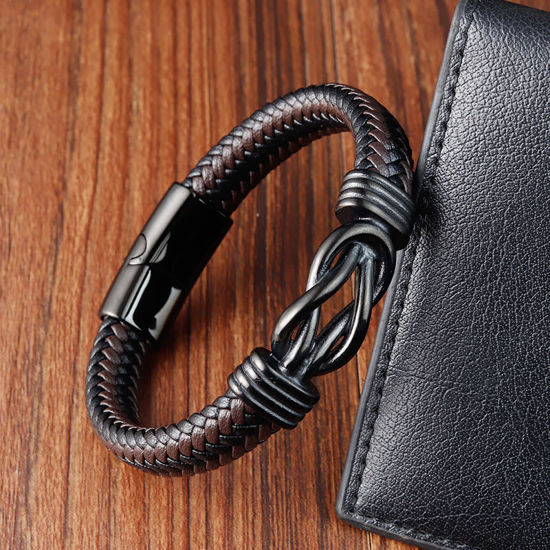 Buddha Stones Endless Knot Pattern Titanium Steel Balance Leather Buckle Bracelet - image 1