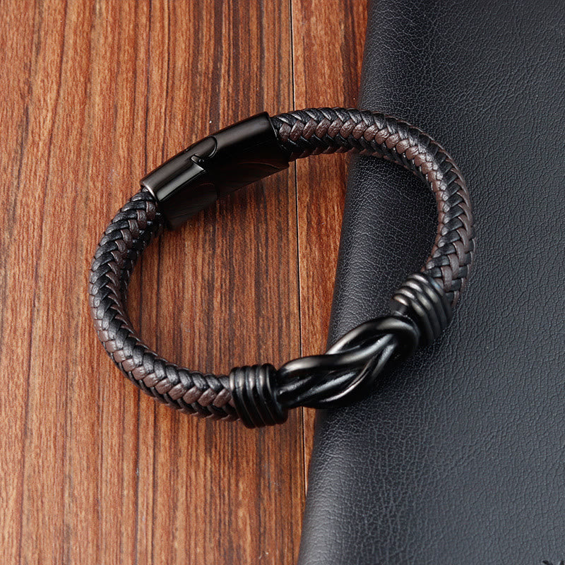 Buddha Stones Endless Knot Pattern Titanium Steel Balance Leather Buckle Bracelet - image 3
