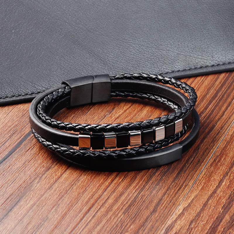 Buddha Stones Square Titanium Steel Leather Multi-layer Buckle Calm Bracelet - image 1
