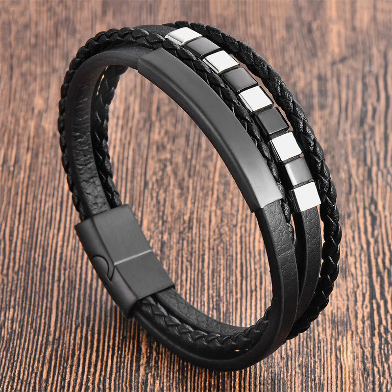 Buddha Stones Square Titanium Steel Leather Multi-layer Buckle Calm Bracelet - Black(Wrist Circumference: 20-22cm) - image 0
