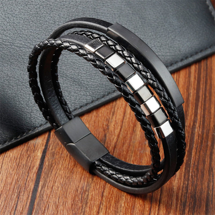 Buddha Stones Square Titanium Steel Leather Multi-layer Buckle Calm Bracelet - image 4