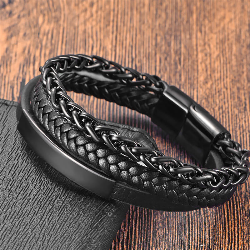 Buddha Stones Woven Pattern Titanium Steel Stimulation Multi-layer Leather Buckle Bracelet - Black(Wrist Circumference: 20-22cm) - image 0