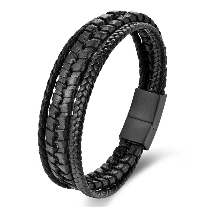 Buddha Stones Simple Braided Pattern Titanium Steel Strengthen Multi-layer Leather Buckle Bracelet - image 8
