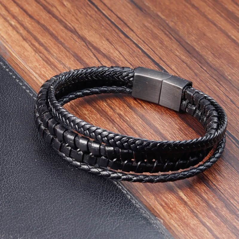Buddha Stones Simple Braided Pattern Titanium Steel Strengthen Multi-layer Leather Buckle Bracelet - image 4
