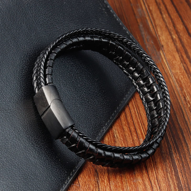 Buddha Stones Simple Braided Pattern Titanium Steel Strengthen Multi-layer Leather Buckle Bracelet - image 2