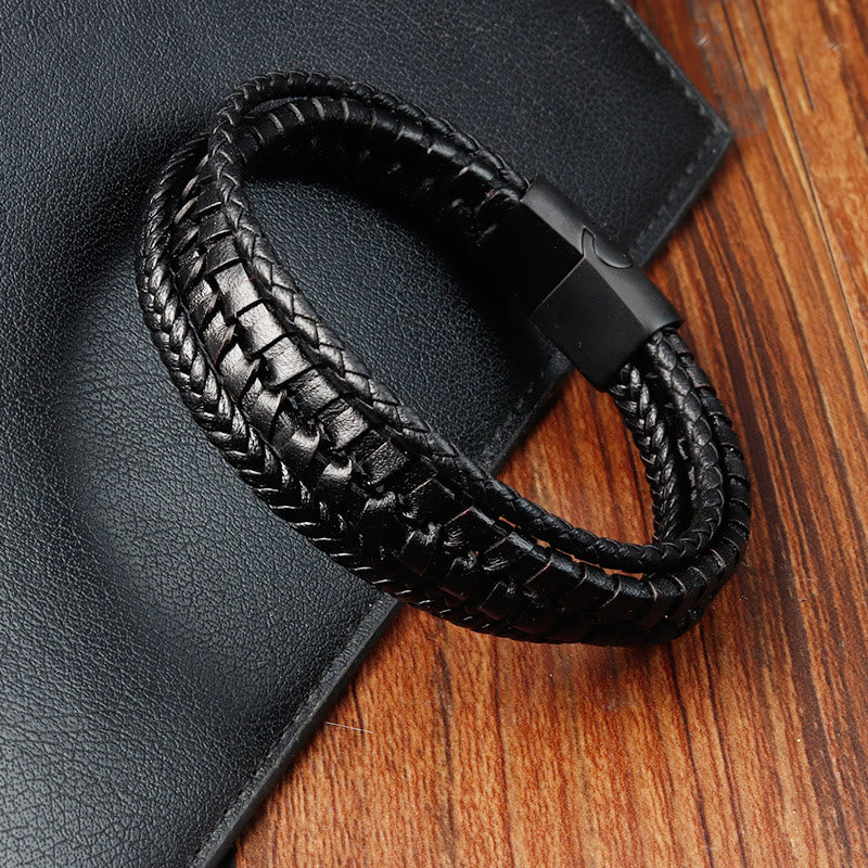Buddha Stones Simple Braided Pattern Titanium Steel Strengthen Multi-layer Leather Buckle Bracelet - image 7