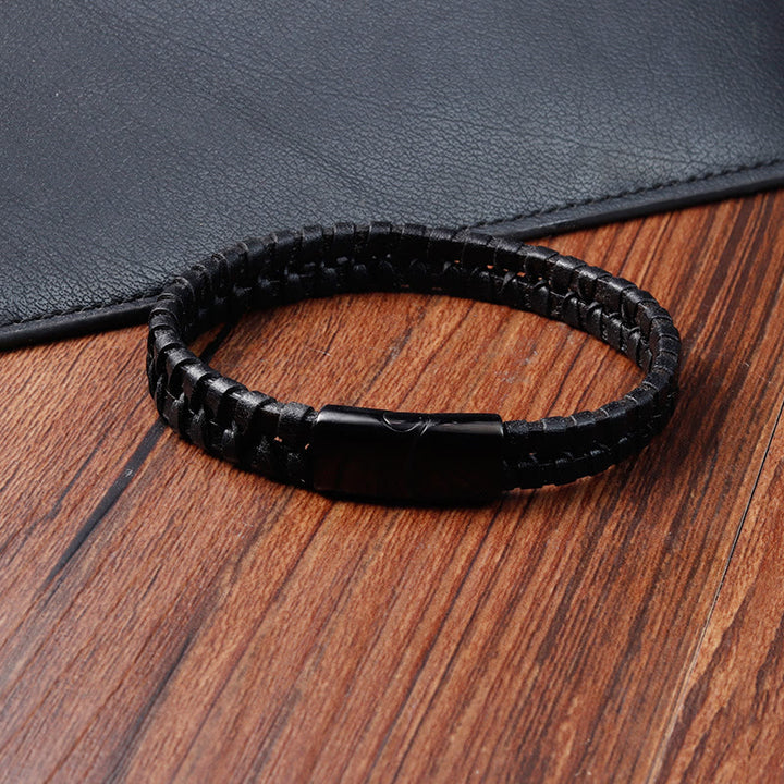 Buddha Stones Simple Braided Pattern Titanium Steel Strengthen Multi-layer Leather Buckle Bracelet - image 11