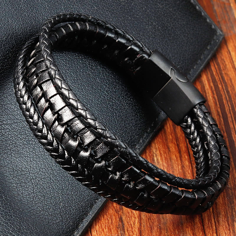 Buddha Stones Simple Braided Pattern Titanium Steel Strengthen Multi-layer Leather Buckle Bracelet - image 1