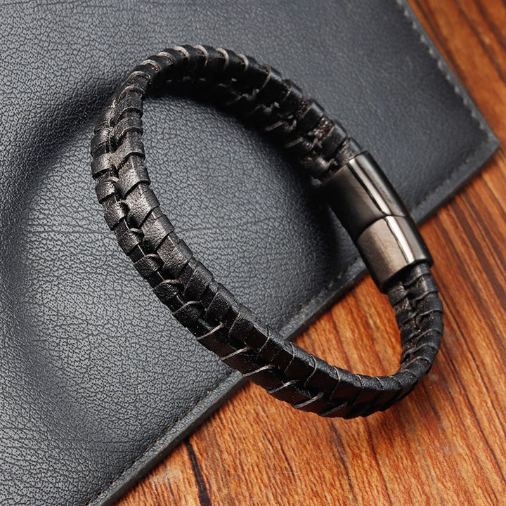 Buddha Stones Simple Braided Pattern Titanium Steel Strengthen Multi-layer Leather Buckle Bracelet - image 10