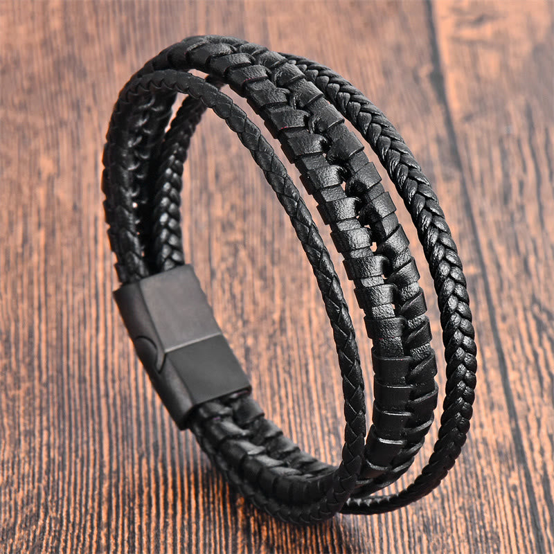 Buddha Stones Simple Braided Pattern Titanium Steel Strengthen Multi-layer Leather Buckle Bracelet - Multi-layer(Wrist Circumference: 20-22cm) - image 0