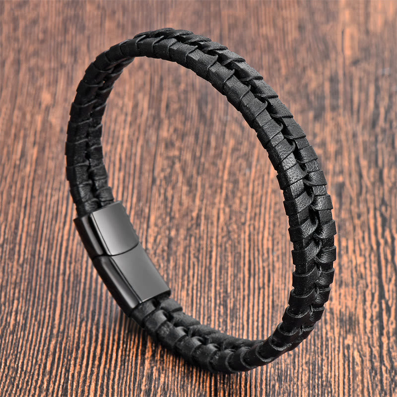 Buddha Stones Simple Braided Pattern Titanium Steel Strengthen Multi-layer Leather Buckle Bracelet - Two-layer(Wrist Circumference: 18-20cm) - image 9