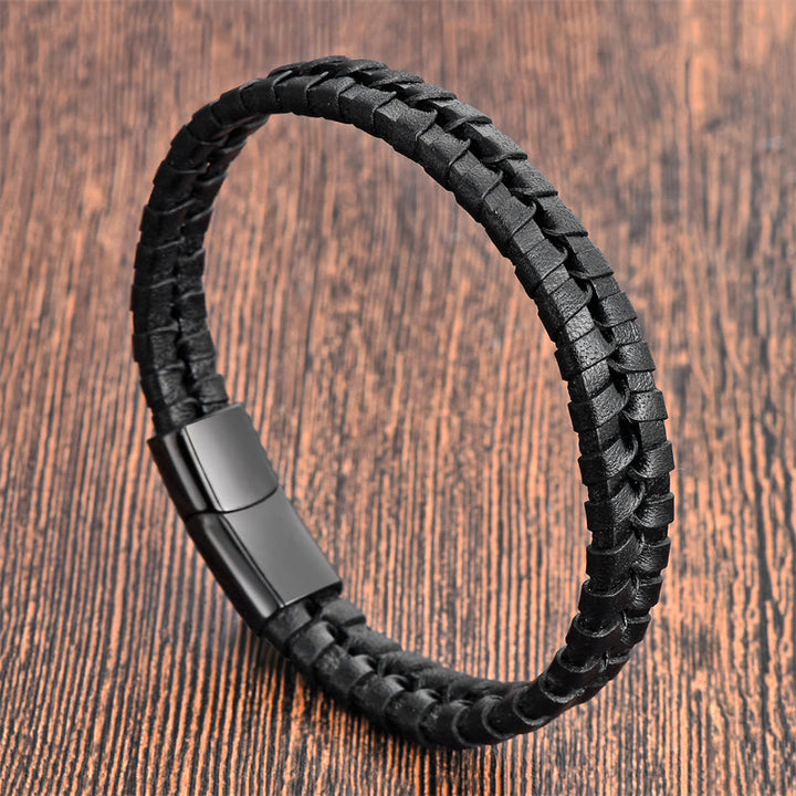 Buddha Stones Simple Braided Pattern Titanium Steel Strengthen Multi-layer Leather Buckle Bracelet - Two-layer(Wrist Circumference: 18-20cm) - image 9