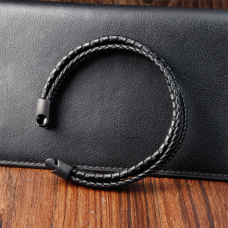 Buddha Stones Simple Braided Pattern Titanium Steel Strengthen Multi-layer Leather Buckle Bracelet - image 3