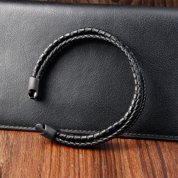 Buddha Stones Simple Braided Pattern Titanium Steel Strengthen Multi-layer Leather Buckle Bracelet - image 3