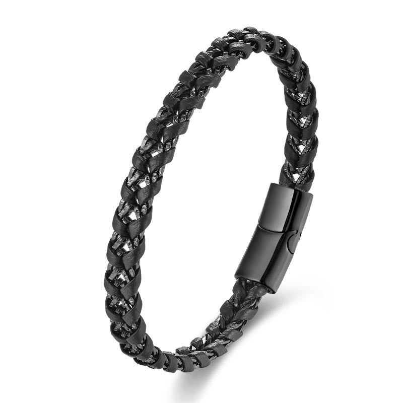 Buddha Stones Braided Design Titanium Steel Calm Multi-layer Leather Buckle Bracelet - Single-layer Black(Wrist Circumference: 18-20cm) - image 7