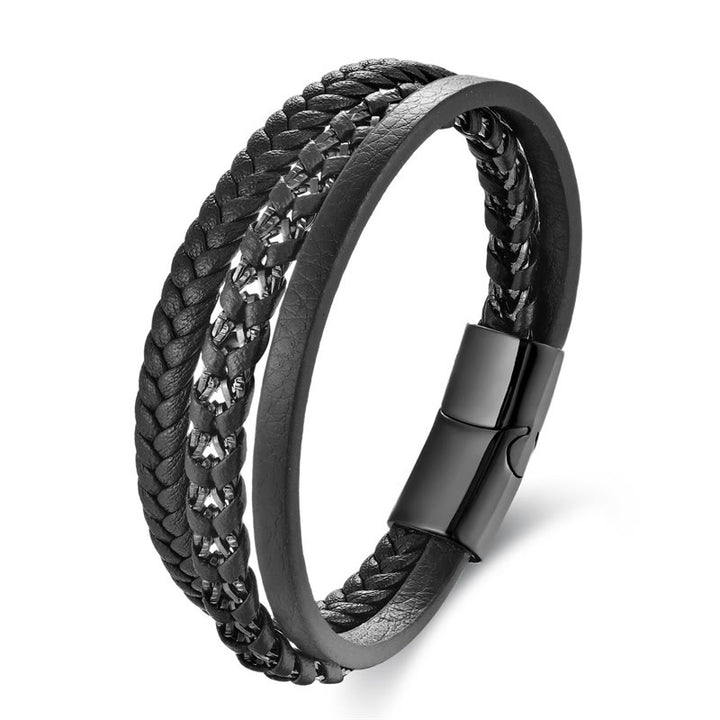 Buddha Stones Braided Design Titanium Steel Calm Multi-layer Leather Buckle Bracelet - image 3