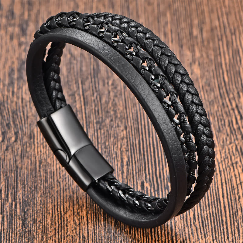 Buddha Stones Braided Design Titanium Steel Calm Multi-layer Leather Buckle Bracelet - Multi-layer Black(Wrist Circumference: 18-20cm) - image 2
