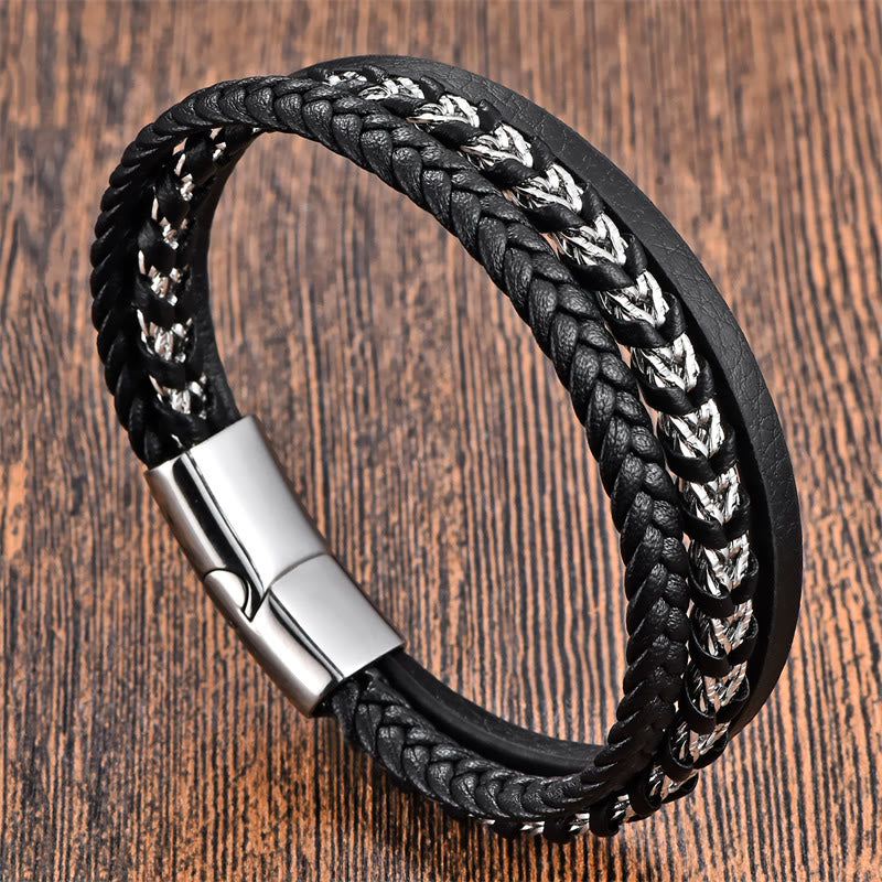 Buddha Stones Braided Design Titanium Steel Calm Multi-layer Leather Buckle Bracelet - Multi-layer Silver(Wrist Circumference: 18-20cm) - image 0