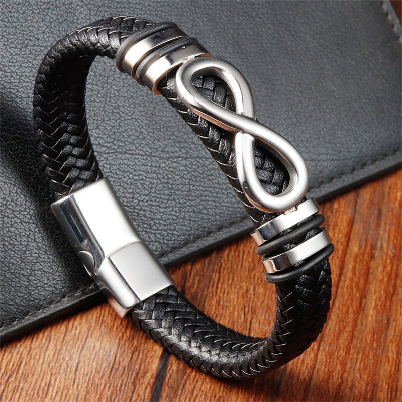 Buddha Stones Endless Knot Design Titanium Steel Strengthen Braided Leather Buckle Bracelet - Silver(Wrist Circumference: 18-20cm) - image 0