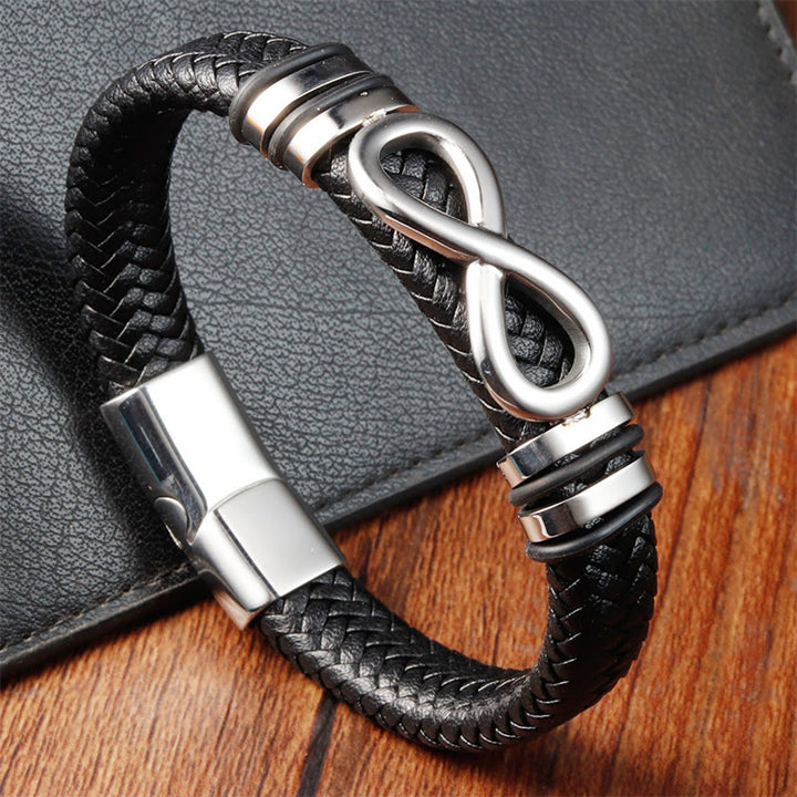 Buddha Stones Endless Knot Design Titanium Steel Strengthen Braided Leather Buckle Bracelet - Silver(Wrist Circumference: 18-20cm) - image 0