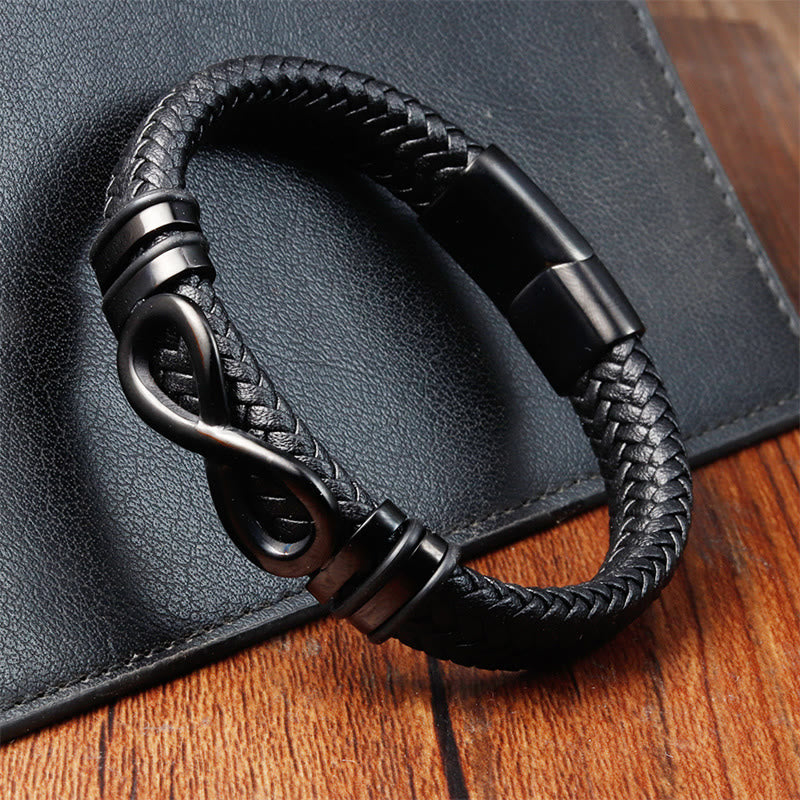 Buddha Stones Endless Knot Design Titanium Steel Strengthen Braided Leather Buckle Bracelet - image 8