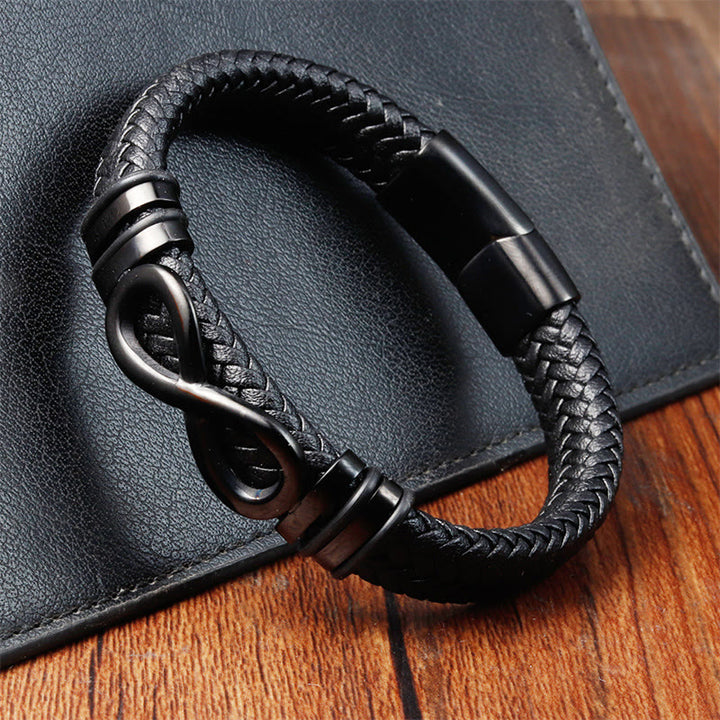 Buddha Stones Endless Knot Design Titanium Steel Strengthen Braided Leather Buckle Bracelet - image 8