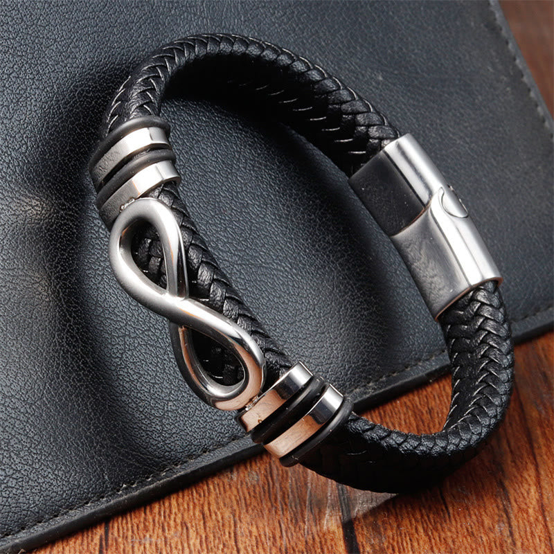 Buddha Stones Endless Knot Design Titanium Steel Strengthen Braided Leather Buckle Bracelet - image 2