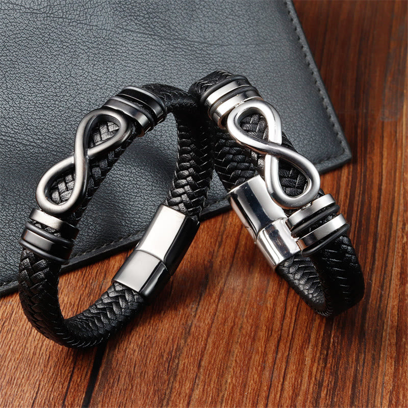 Buddha Stones Endless Knot Design Titanium Steel Strengthen Braided Leather Buckle Bracelet - image 1