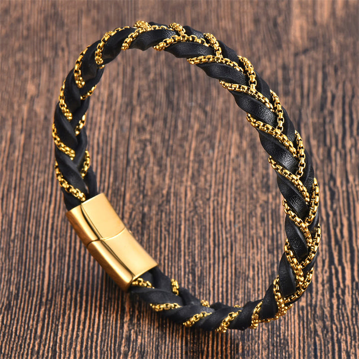 Buddha Stones Simple Design Titanium Steel Calm Braided Leather Buckle Bracelet - Gold(Wrist Circumference: 18-20cm) - image 0