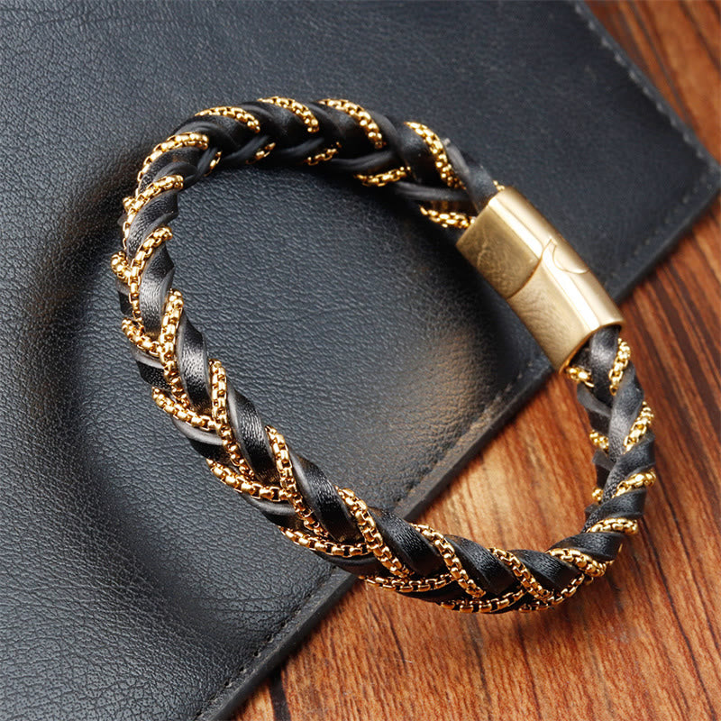 Buddha Stones Simple Design Titanium Steel Calm Braided Leather Buckle Bracelet - image 3