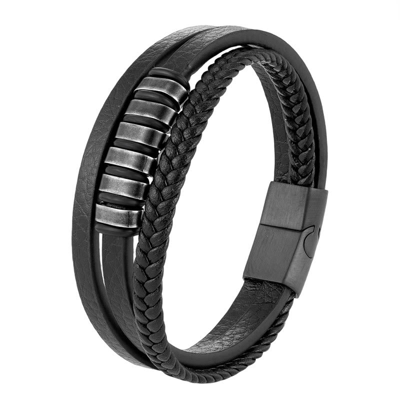 Buddha Stones Simple Titanium Steel Braided Three-layer Leather Buckle Calm Bracelet - 20-22cm - image 0